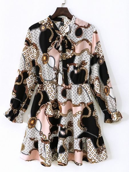 

plus chain & geo print flounce sleeve tie neck ruffle hem dress r7q4#, Black