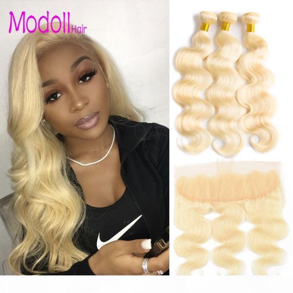 

613 blonde bundles with frontal peruvian body wave remy blonde human hair bundles with pre plucked frontal ear to ear, Black;brown