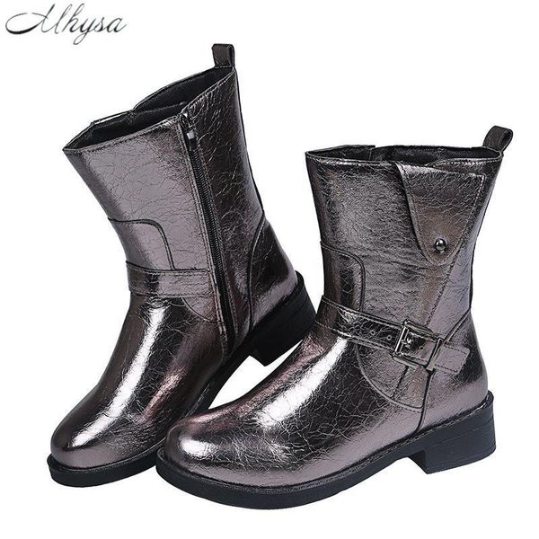 

2020 winter new women's thick-soled low-heel leather short boots women's fashion belt buckle plus size 43 leather boots, Black