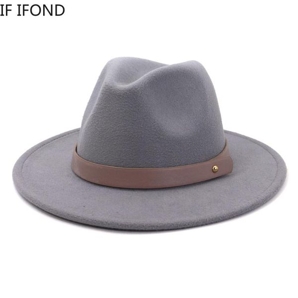 

simple with belt buckle wool felt jazz fedora hats men women wide brim elegantlady floppy panama jazz cap, Blue;gray