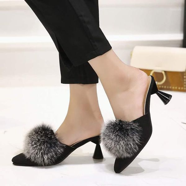 

fashion womens hairball half-drag mid-heeled wool slippers pointed toe rubber slippers sandals daily shoes zapatillas mujer#351, Black