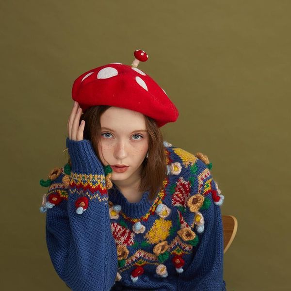 

2020 original cute mushroom handmade wool felt berets creative painter hat birthday gift hat, Black;white