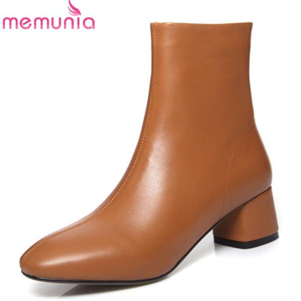 

boots memunia 2021 arrival genuine leather shoes women ankle zipper square heels autumn female casual black