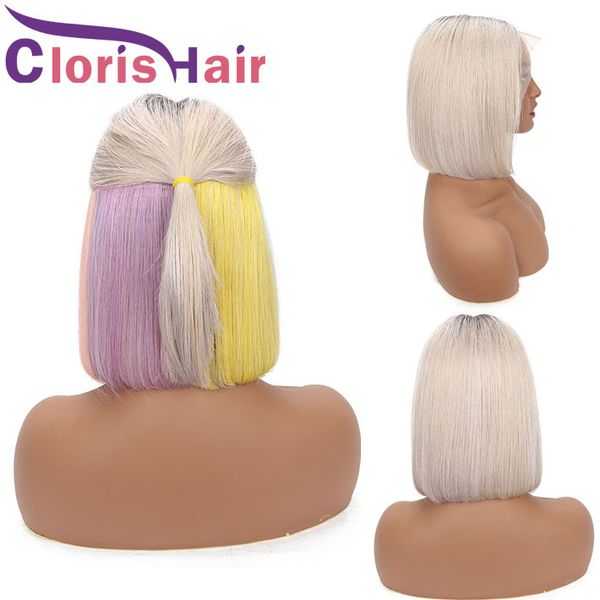 

13x4 bob wig dark roots rainbow silver grey ombre human hair brazilian straight lace front wigs for black women full highlight glueless wig, Black;brown