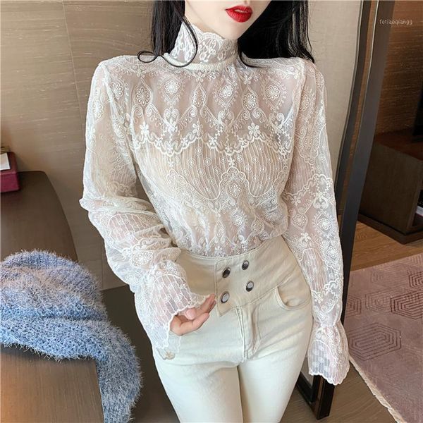 

autumn net yarn high neck lace chiffon trumpet sleeve bottoming shirt retro fashion blouse female1, White