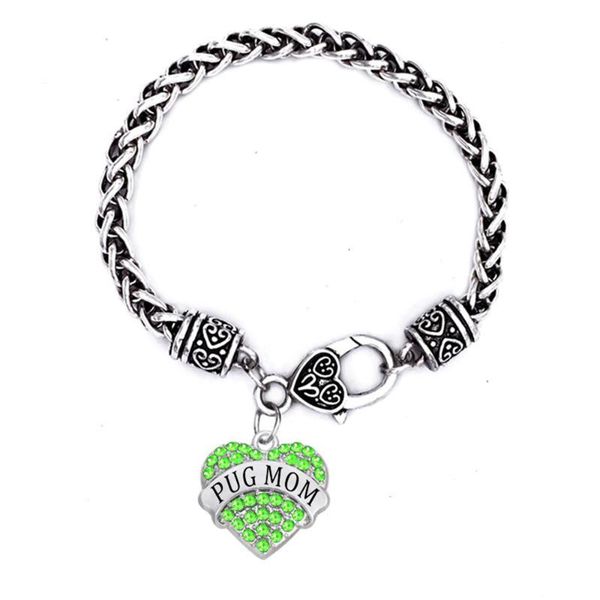 

wheat chain lobster claw heart rhinestone charm pug mom bracelet, Golden;silver