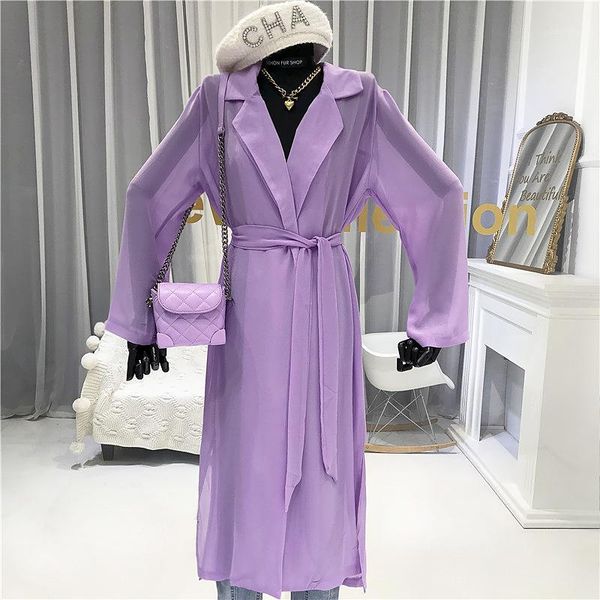 

long trench coat for women 2020 summer thin turn-down collar adjustable waist wide-waisted high street chiffon coats women1, Tan;black