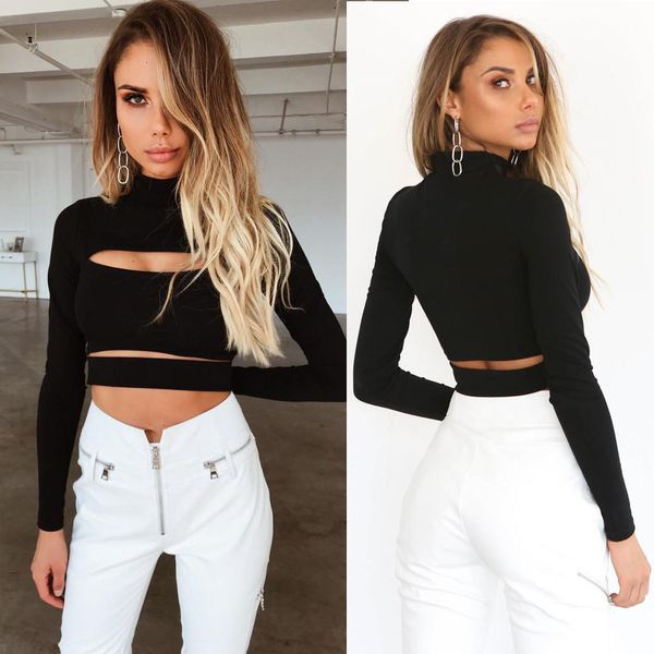 

trendy women clothes black solid pullover long sleeve slim t-shirts turtle neck ladies summer casual one pieces, White