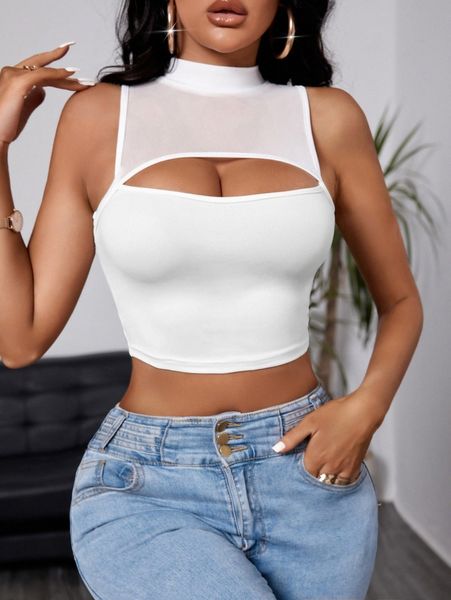 

sxy mock neck cut out tank k52x#, White