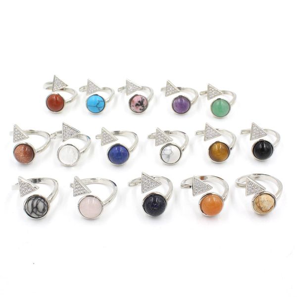 

round stone triangle crystal quartz healing chakra opening rings pink purple natural stone rings kallaite for women men, Golden;silver