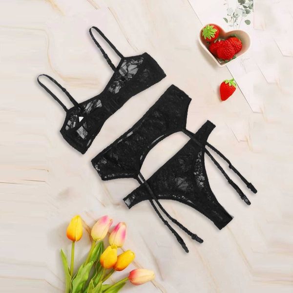 

the new three-point lace black underwear garter belt see-through bikini suit bra thong 30% off lenseria mujer, Black;white