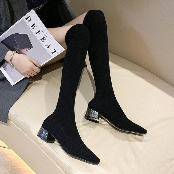 

women's boots autumn luxury designer shoes boots-women thigh high heels high round toe stiletto fashion 2020, Black