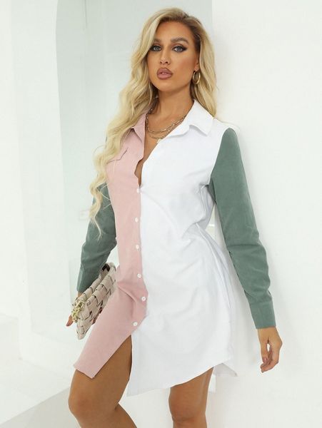 

color-block button up shirt dress b3dk#, Black;gray