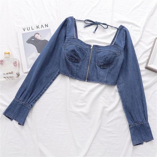 

women's jackets 2021 summer women's exposed navel french retro square collar trumpet sleeves slim slimming refreshing denim short, Black;brown