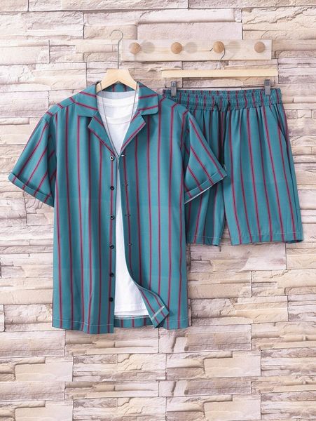 

men striped shirt & drawstring waist shorts without tee f9dt#, Gray