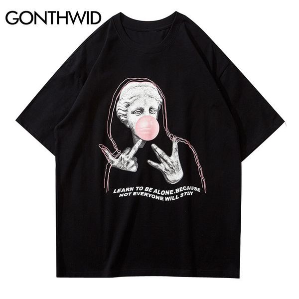 

gonthwid funny aphrodite-venus statue bubble gum print short sleeve tees shirts streetwear hip hop casual loose tshirts men lj200827, White;black