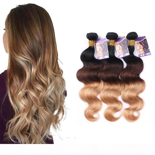 

1b# 4# 27# ombre color brazilian human hair weave 3 bundles body wave hair extensions 3pcs lot and 100g pcs 12-26 inch length, Black
