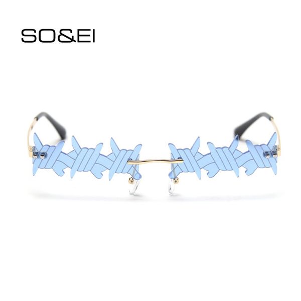 

so&ei fashion unique rectangle hemp rope shape sunglasses women vintage rimless clear ocean lens eyewear men shades uv400