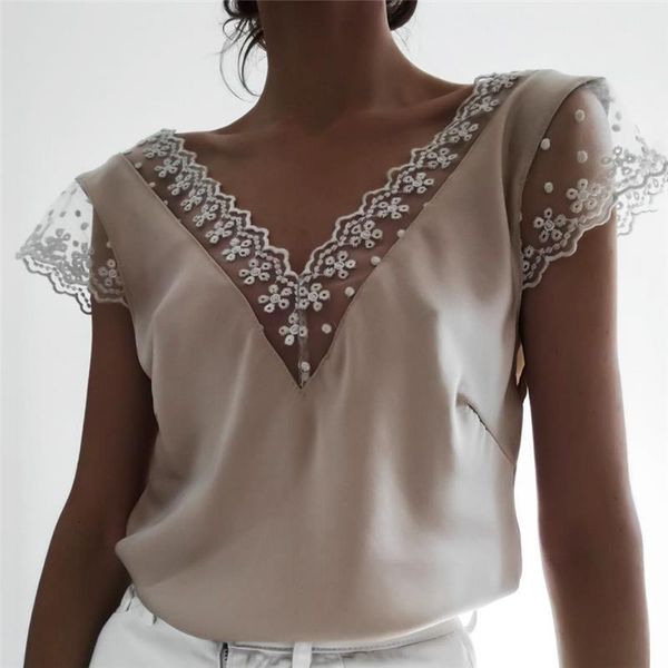 

2019 fashion women summer lace sleeveless casual loose tank elegant v neck debardeur femme ladies classic tee streetwear, White