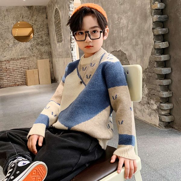 

new korean boys' pullover children's 2020 color matching cartoon sweater 32p8, Blue