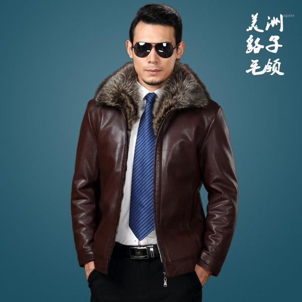 

winter new raccoon fur collar fur one male coats men short section leather jacket mens thick genuine leather jackets1, Black