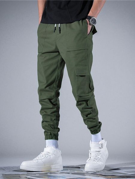 

men drawstring waist flap pocket pants i9h4#, Black