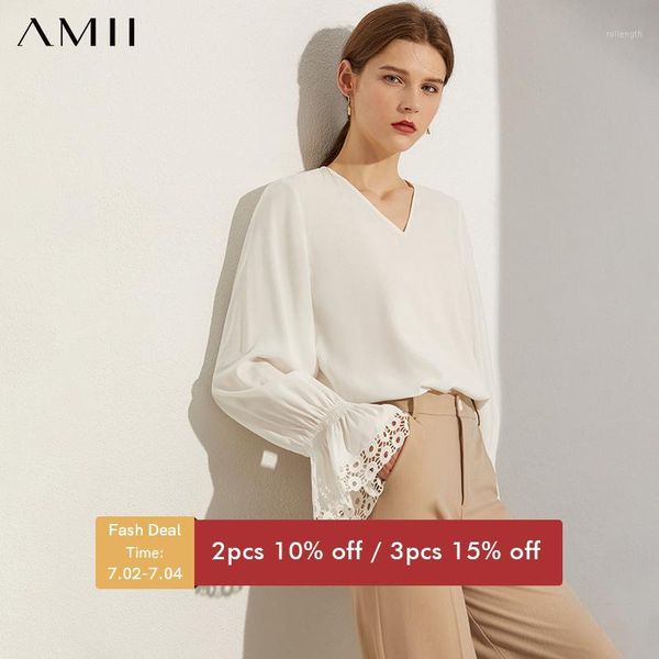 

amii minimalism autumn fashion embroidery solid women blouse causal vneck loose hollow out female blouse 120402661, White