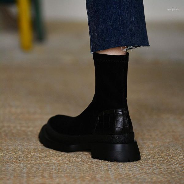 

women's flat short boots socking round toe retro nude shoes 2020 autumn/winter new platform fashion casual ladies chaussures1, Black