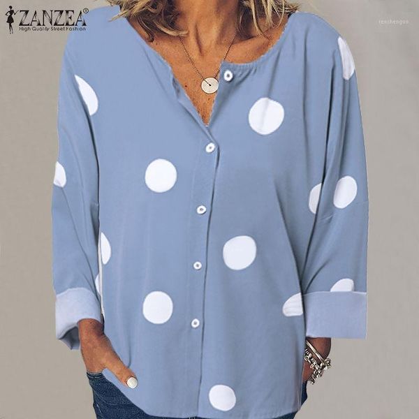 

zanzea 2020 autumn women blouses shirts ladies bohemian blusas vintage polka dot print long sleeve tunic work chic chemise1, White