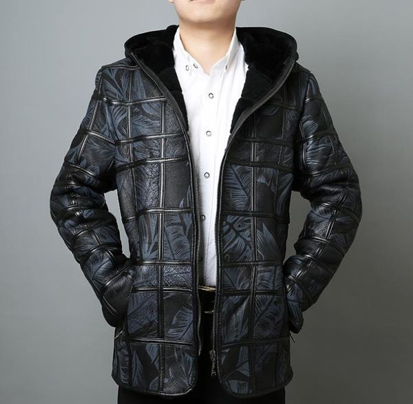 

hood leanther coat men fur splice plaid lapel warm coats hooded leather jackets fashionable mens male winter thick outerwear, Black