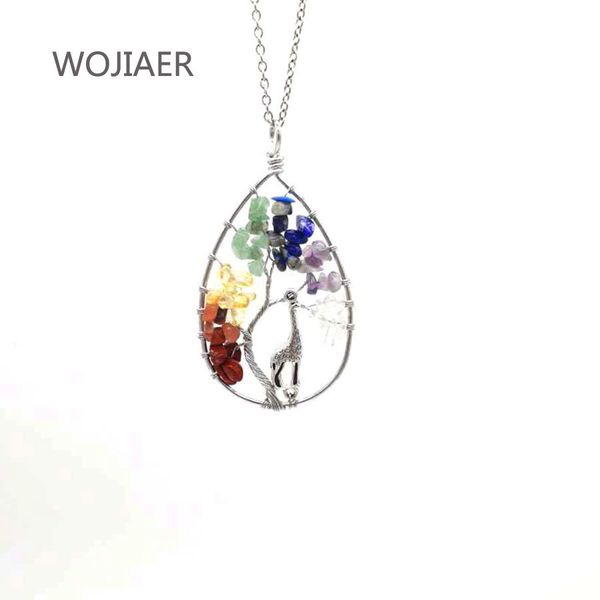 

wojiaer water drop tree of life pendant necklace wire wrap chip natural crystal beads animal for woman reiki jewelry zbm238 q1209, Bronze;silver