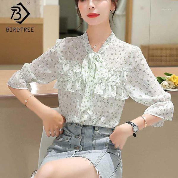 

polka dot chiffon women blouses 2020 summer ruffles mandarin collar single-breasted flare sleeve drawstring shirt t06606k1, White