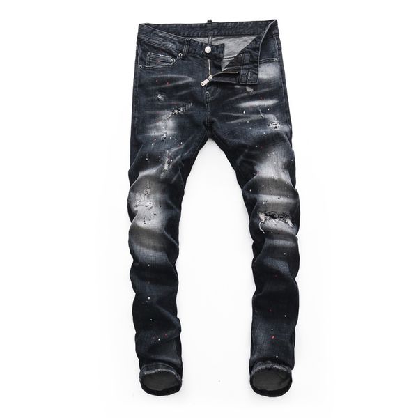 

2021 new italian vintage fashion men slim fit elastic ripped jeans homme painted designer streetwear punk denim pants 265b, Blue