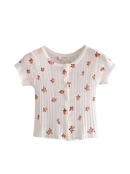 

2021 new sweet all-match small hollow floral outside knitted t-shirts short the casual neck female shirt elastic t x4m2, White