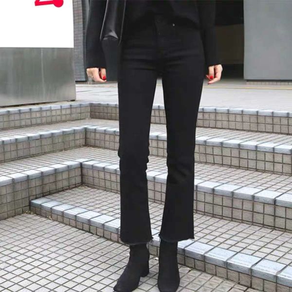 

korean version black plush micro jeans women's nine autumn winter high waist elastic eight point woolen hem small flared pants, Blue