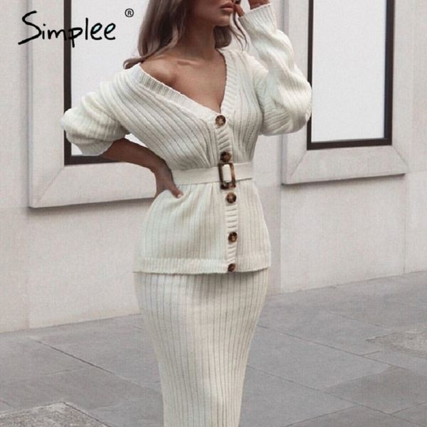 

simplee women knitted sweater dress elegant autumn winter two pieces skirt suit white long sleeve female cardigan midi dresses lj201112, Black;gray