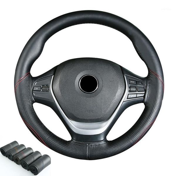 

5 colors hand sewing car steering wheel cover cow leather wrap non-slip wear-resistant braid on the steering-wheel volant funda1
