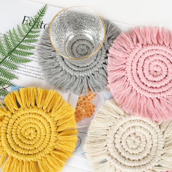 

new fashion 4pcs/set nordic cotton tassel mat diy handmade solid love round square shape coffee cup mat chic home decoration boho farmhose, Silver