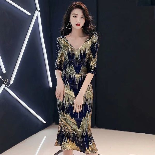 

2021 new robe soiree prom half decont on v lantejoulas dressed party d1fl, Black