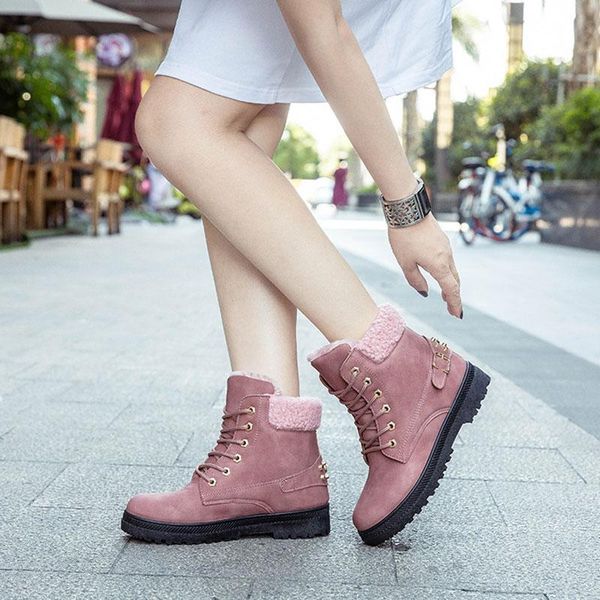 

2020 new women's low-heeled boots pu shoes woman round head solid color lace-up fashion women's winter boots plus-size 35-44, Black