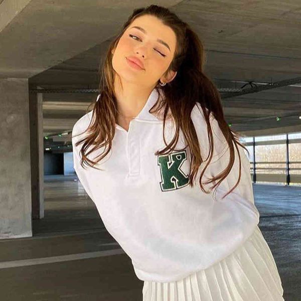 Branco K Carta Bordado Anime Hoodie Oversized Inverno Outono Vintage Y2K Moletom Mulheres Manga Longa Elegante Polo Pullovers