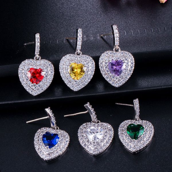 Multicolor Heart Pendnat Charm Серьез Дизайнер для Женщины 925 Стерлинговые Серебряные Серебряные Серьги Сапфировый Белый ААА Кубический Цирконий Медь Серьги Ювелирные Изделия Девушки Подарок