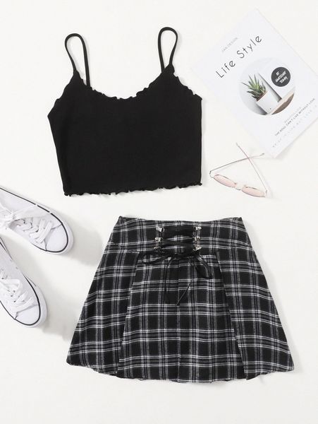 

lettuce trim cami & lace up waist plaid skirt set i4xs#, White