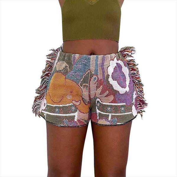 

fashion streetwear colorful pattern print tassel shorts women summer casual vintage slim high waist short sports outdoor shorts, White;black