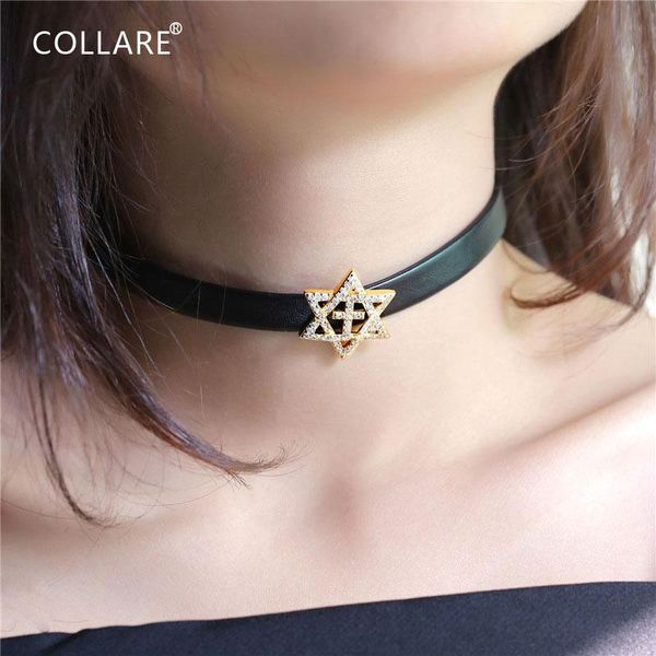 

collare david star chokers necklace women gold/silver color cross pendant leather crystal isreal choker datiny jewelry n045, Golden;silver