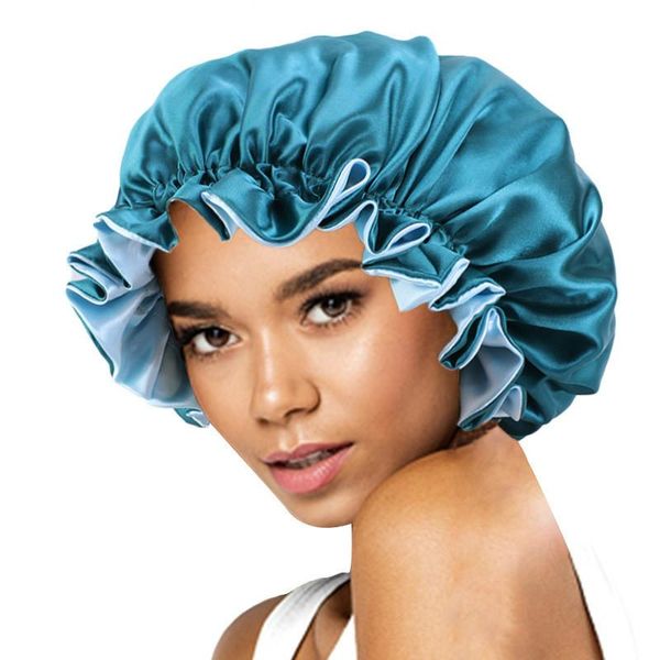 

2pcs New Solid Women Satin Bonnet Fashion Stain Silky Big Bonnet for Lady Sleep Cap Headwrap Hat Hair Wrap Accessories Wholesale, Blue;gray