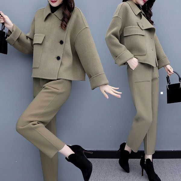 

new 2021 winter wool piece women's only clothes breasted coat + soft fashion pants 2 joint y480 laok p9td, Gray