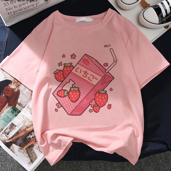 

japan strawberry juice t shirts graphic print t-shirt women summer fashion tee harajuku aesthetic pink female shirt, White