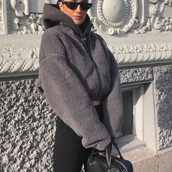 

yiciay female streetwear lambswool casual fuax fur coats women warm autumn gray crop jacket fashion long sleeve overcoat1, Black