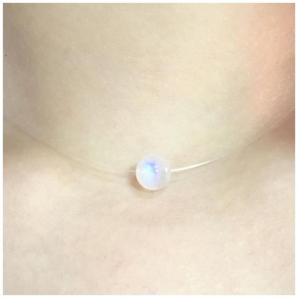 LIIJI Donne uniche Choker Collana invisibile Real Moonstone 8mm Branelli rotondi 925 Argento sterling 35cm-50cm Nice Giorno della Mamma Regalo Q0531